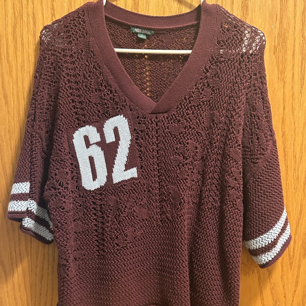 wild fable Maroon Open-Knit V-Neck Top with White Number Detail